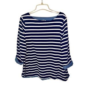 Talbots 3/4 Length Roll ChambrayCuff Sleeve Top Blue White Stripe Women’s Sz XL